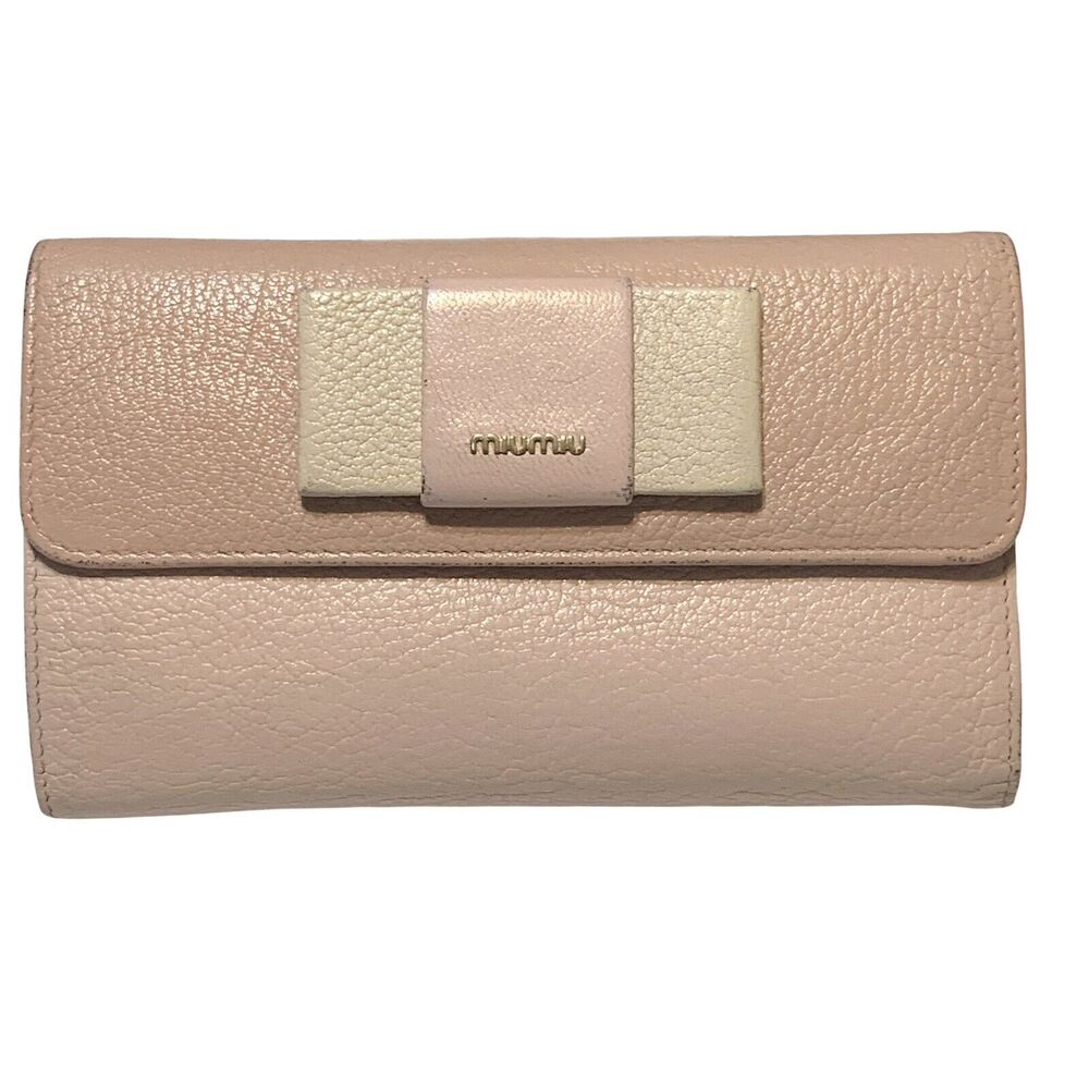 Miu Miu Madras Fiocco Tri-Fold Continental Wallet Purse Orchid Pink Cream Ribbon